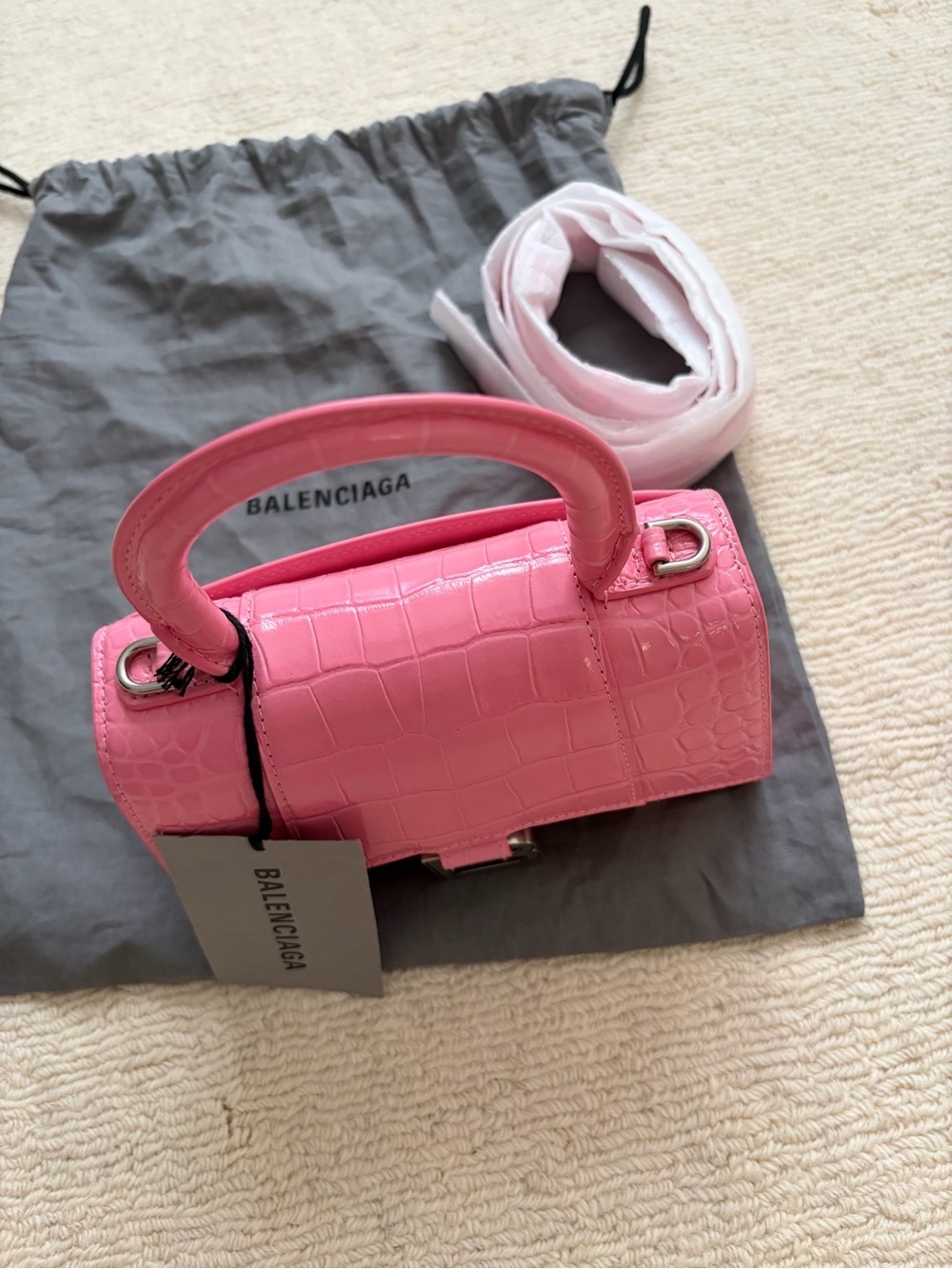 Brand New Balenciaga XS Hourglass Pink Croc Embossed Top Handle Bag $2600 - Picture 5 of 6